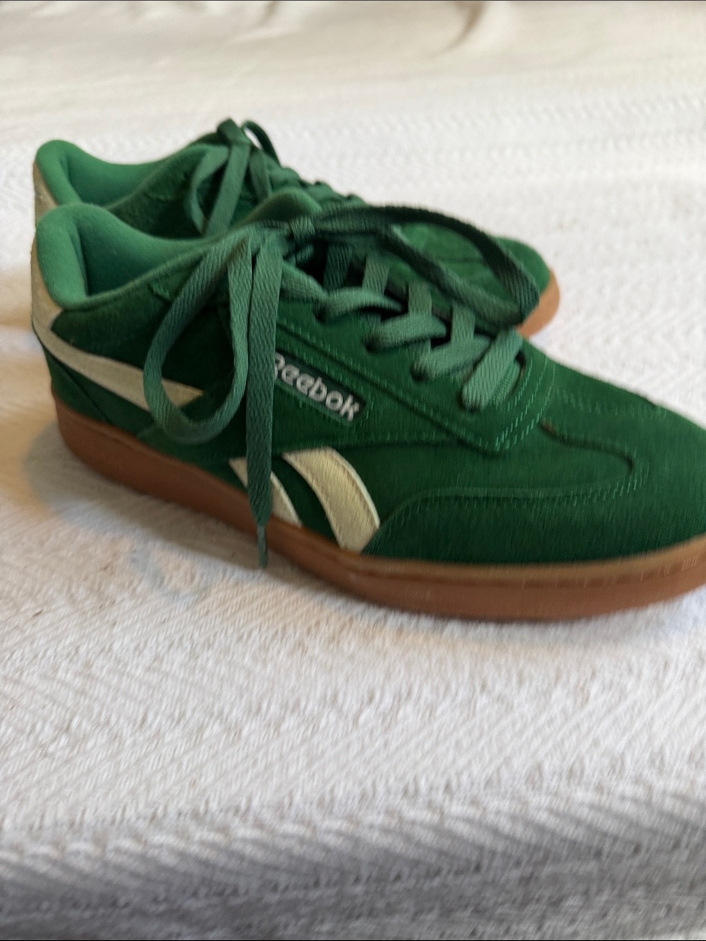 Reebok Women's Green Suede Sneakers with Gum Sole and Cream Stripe